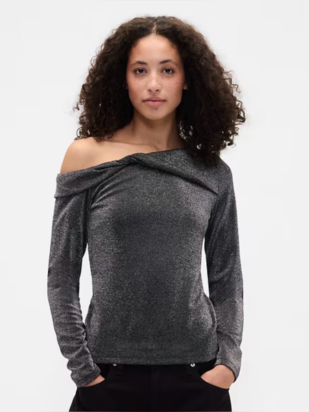Off-Shoulder Shimmery Long Sleeve Top